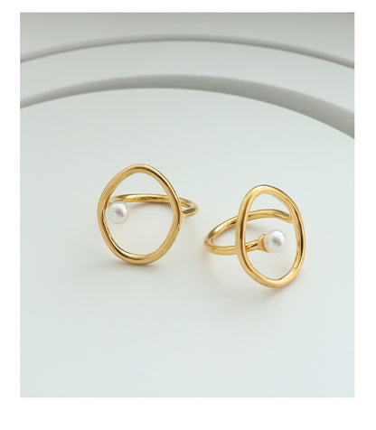 316L Stainless Steel 18K Gold Plated Geometric Faux Pearl Ring - Image 5