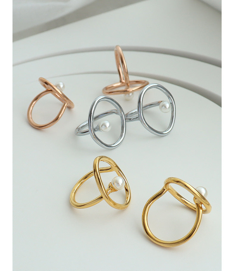 316L Stainless Steel 18K Gold Plated Geometric Faux Pearl Ring - Image 6