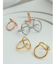 316L Stainless Steel 18K Gold Plated Geometric Faux Pearl Ring - Image 6