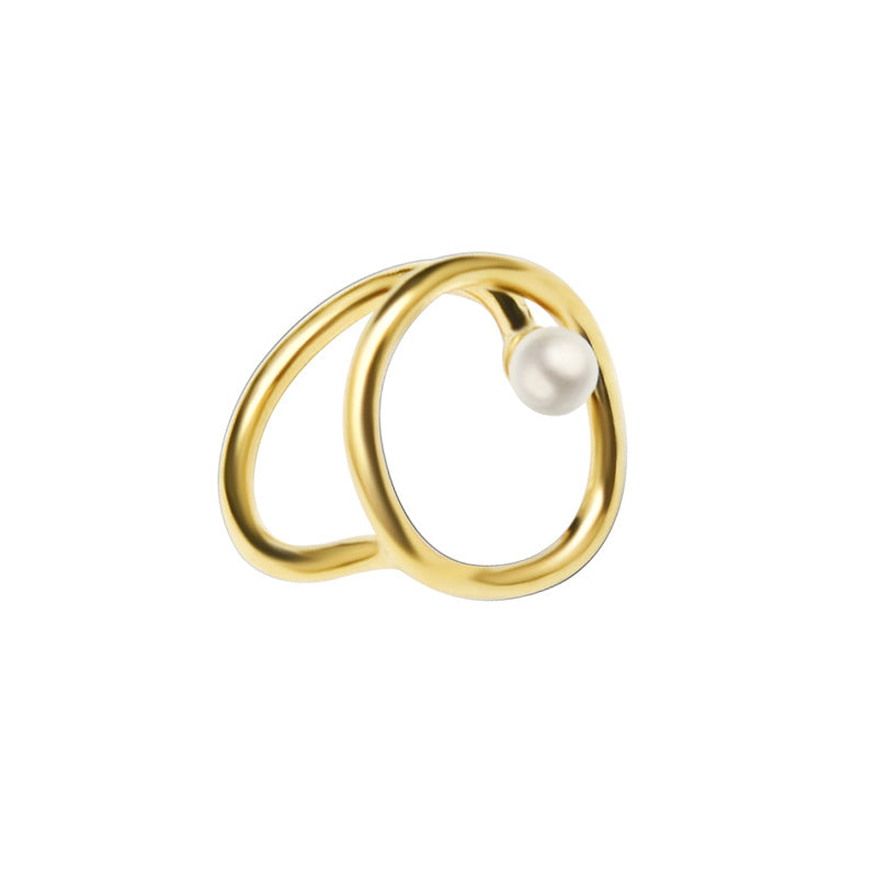 316L Stainless Steel 18K Gold Plated Geometric Faux Pearl Ring - Image 8