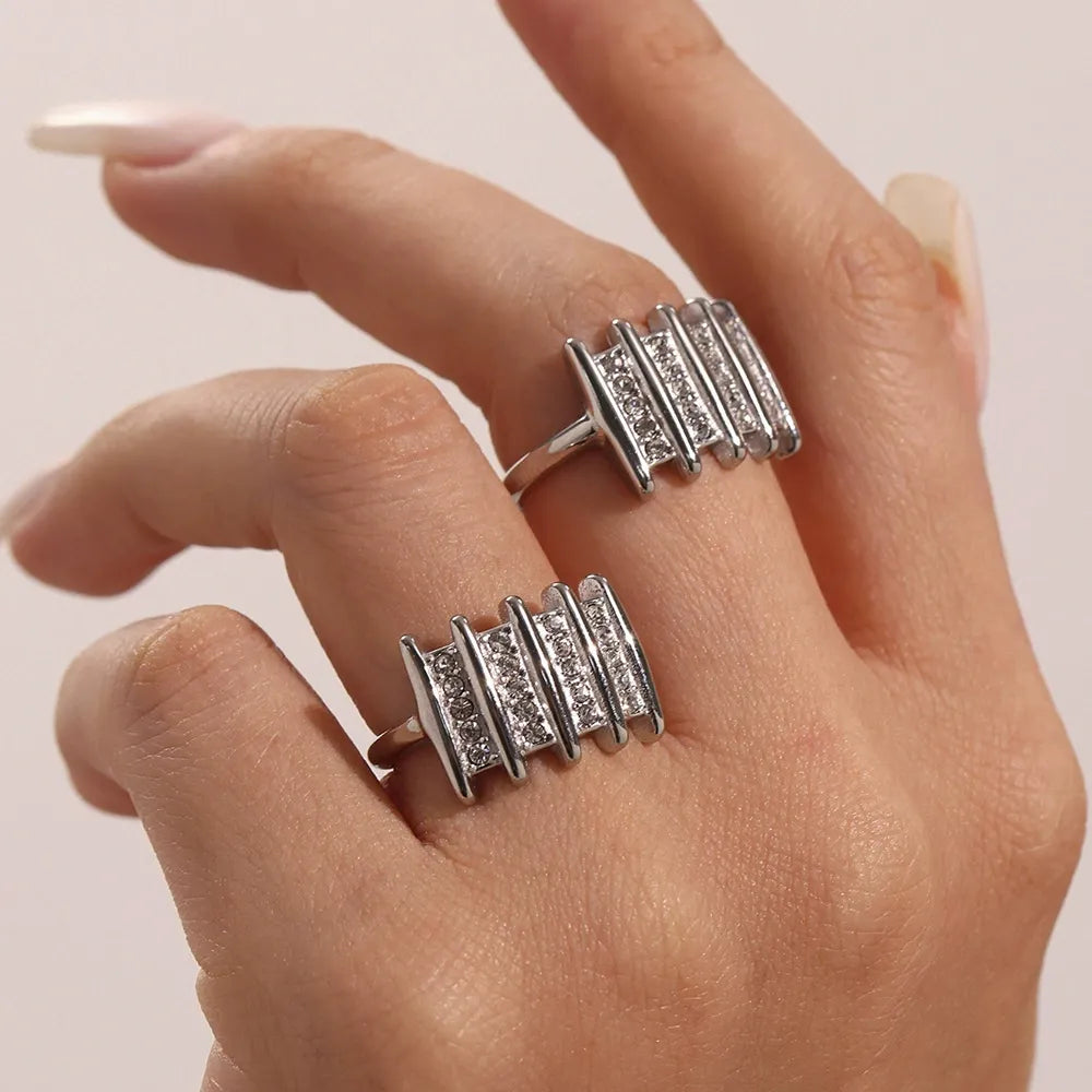 316L Stainless Steel 18K Gold Plated Geometric Micro-Pave Zircon Open Square Ring - Image 3