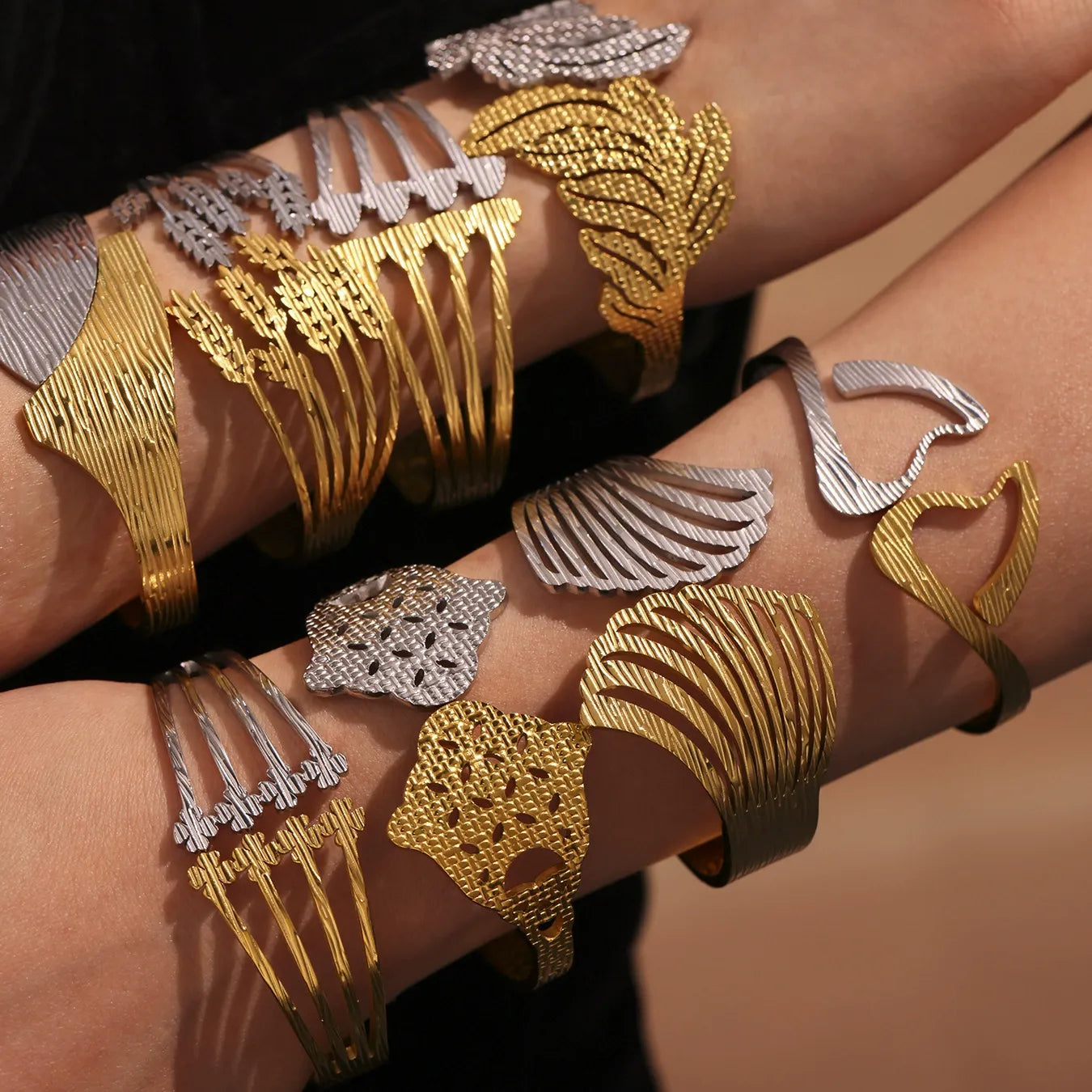 316L Stainless Steel 18K Gold Plated Geometric Openwork Bangle - Image 3