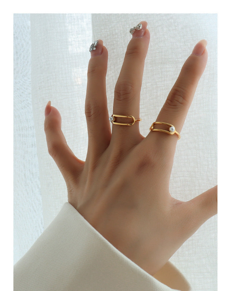 316L Stainless Steel 18K Gold Plated Geometric Paperclip Imitation Pearl Ring - Image 1