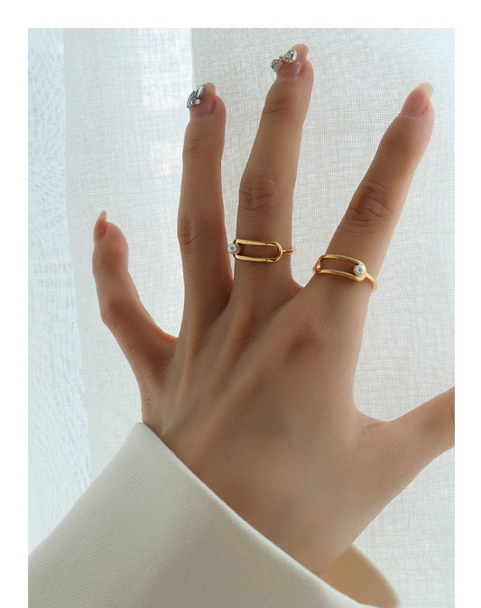 316L Stainless Steel 18K Gold Plated Geometric Paperclip Imitation Pearl Ring - Image 1