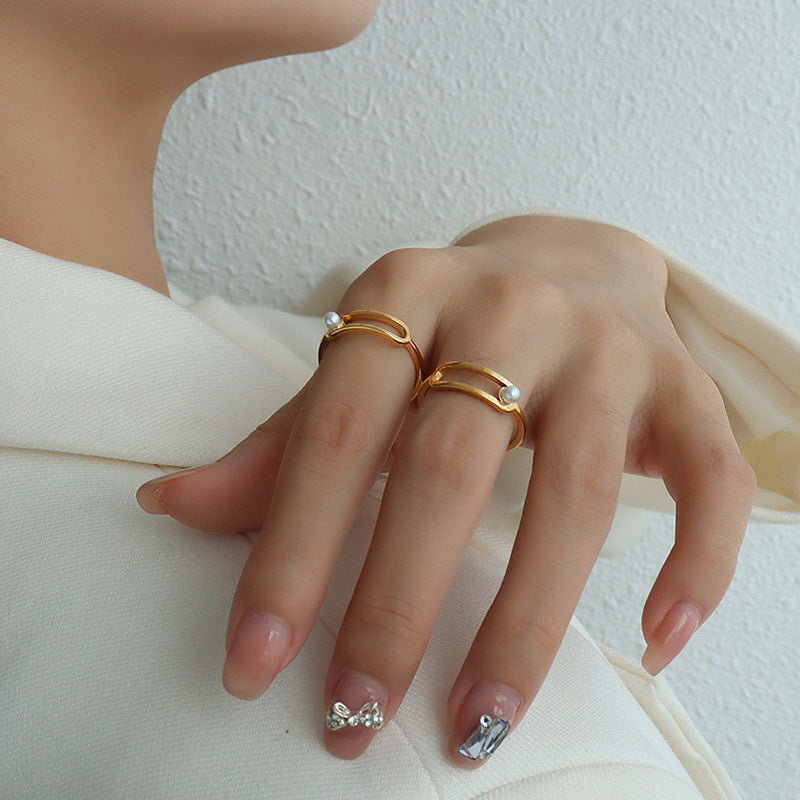 316L Stainless Steel 18K Gold Plated Geometric Paperclip Imitation Pearl Ring - Image 2
