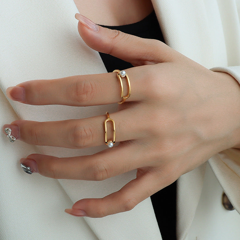 316L Stainless Steel 18K Gold Plated Geometric Paperclip Imitation Pearl Ring - Image 3