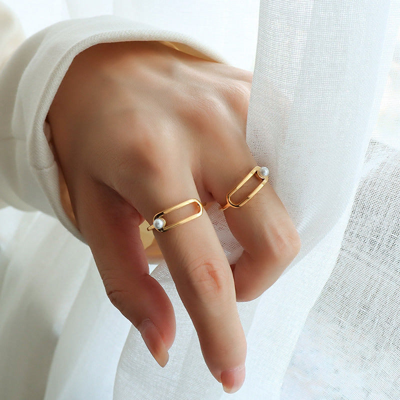 316L Stainless Steel 18K Gold Plated Geometric Paperclip Imitation Pearl Ring - Image 5