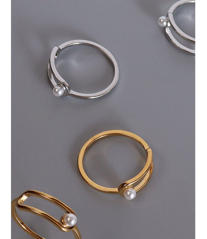 316L Stainless Steel 18K Gold Plated Geometric Paperclip Imitation Pearl Ring - Image 6