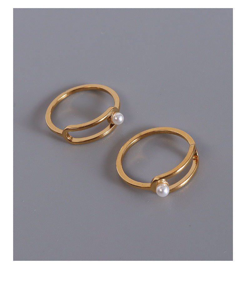 316L Stainless Steel 18K Gold Plated Geometric Paperclip Imitation Pearl Ring - Image 7