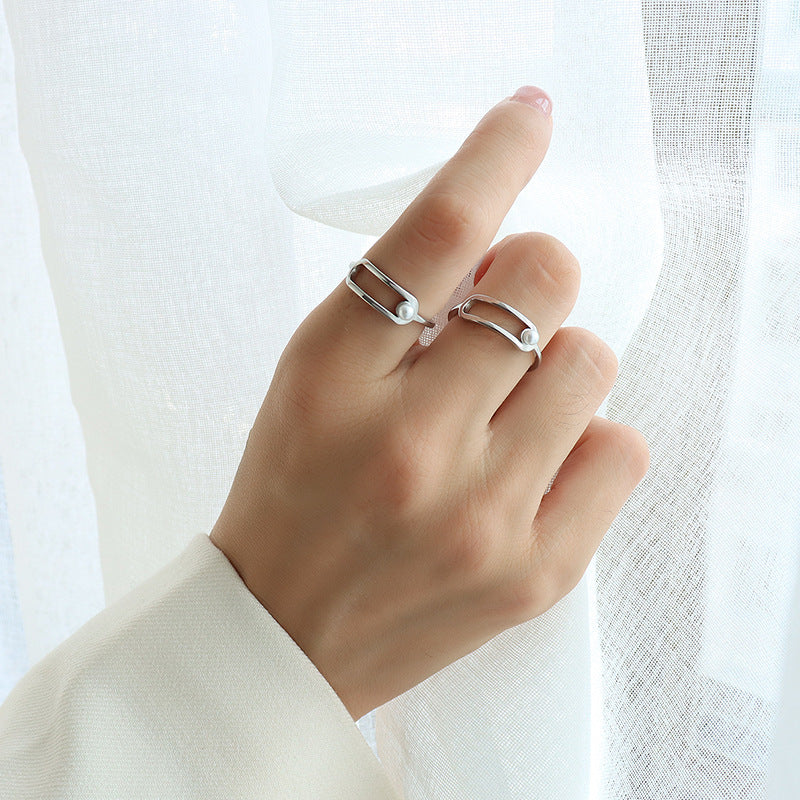 316L Stainless Steel 18K Gold Plated Geometric Paperclip Imitation Pearl Ring - Image 8