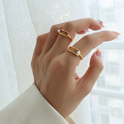 316L Stainless Steel 18K Gold Plated Geometric Paperclip Imitation Pearl Ring - Image 9