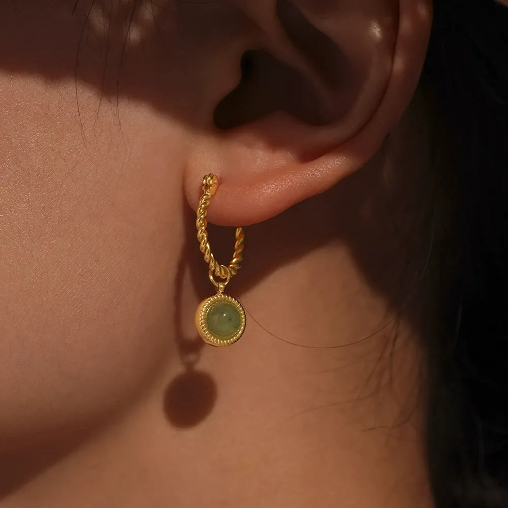 316L Stainless Steel 18K Gold Plated Green Agate Rope Hoop Earrings - Image 2