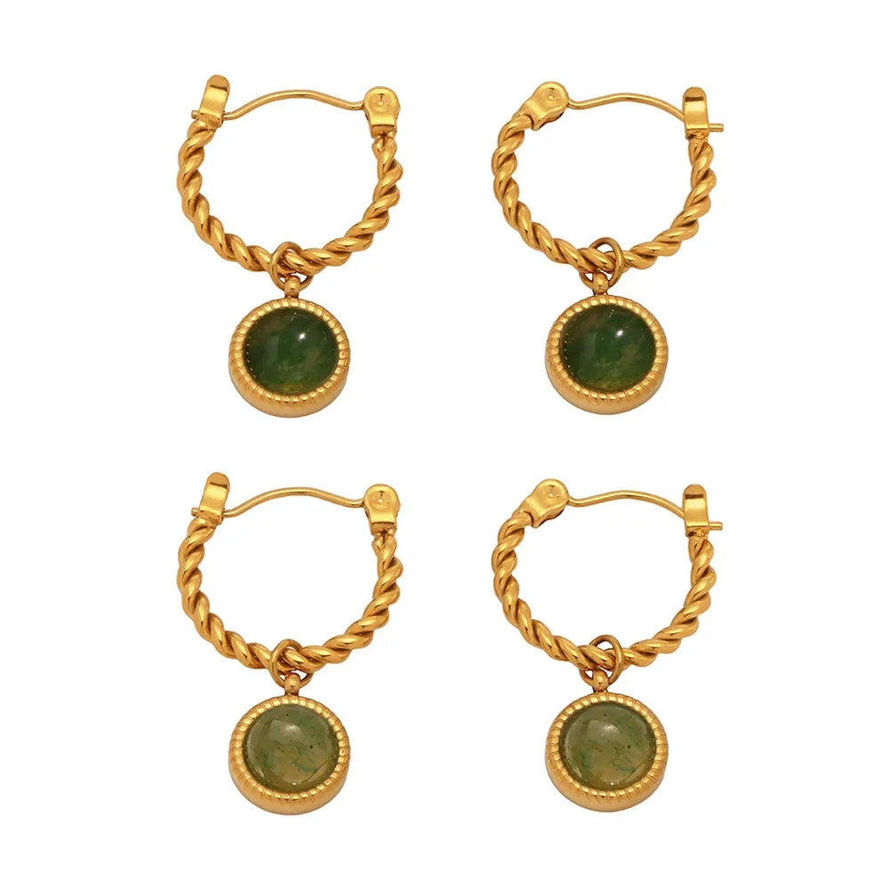 316L Stainless Steel 18K Gold Plated Green Agate Rope Hoop Earrings - Image 4