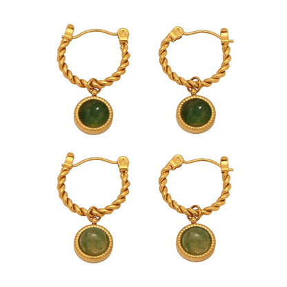 316L Stainless Steel 18K Gold Plated Green Agate Rope Hoop Earrings - Image 4