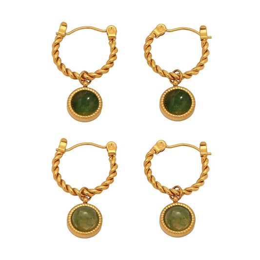 316L Stainless Steel 18K Gold Plated Green Agate Rope Hoop Earrings - Image 4