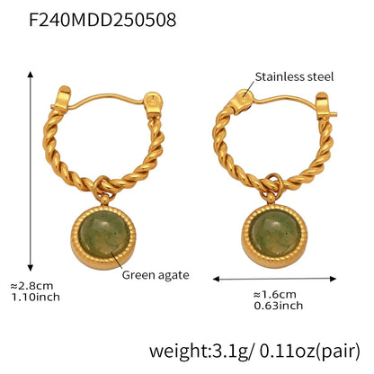 316L Stainless Steel 18K Gold Plated Green Agate Rope Hoop Earrings - Image 5
