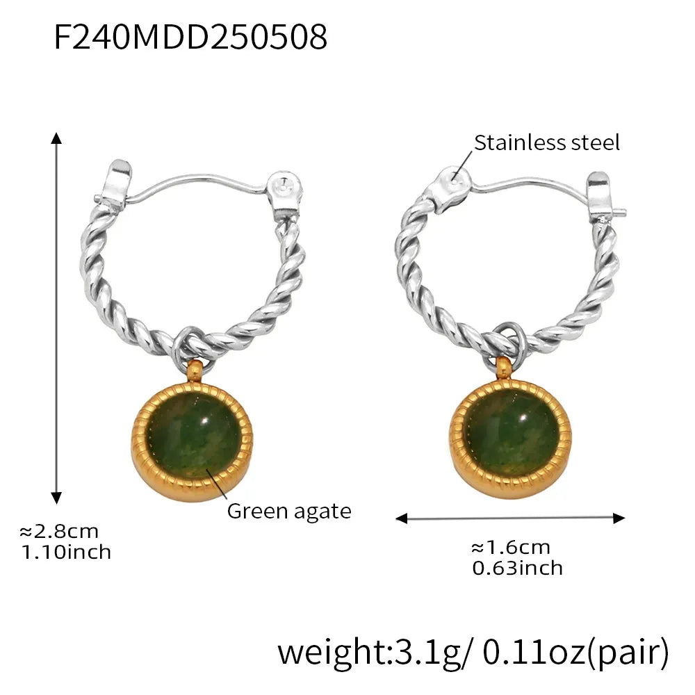 316L Stainless Steel 18K Gold Plated Green Agate Rope Hoop Earrings - Image 6