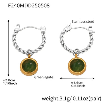 316L Stainless Steel 18K Gold Plated Green Agate Rope Hoop Earrings - Image 6