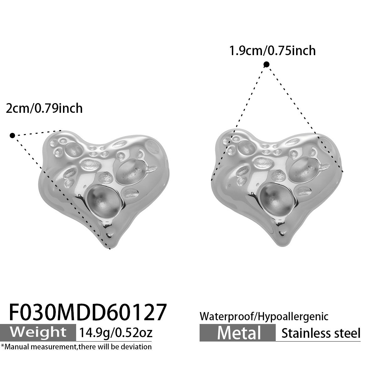 316L Stainless Steel 18K Gold Plated Hammered Heart Stud Earrings - Image 8