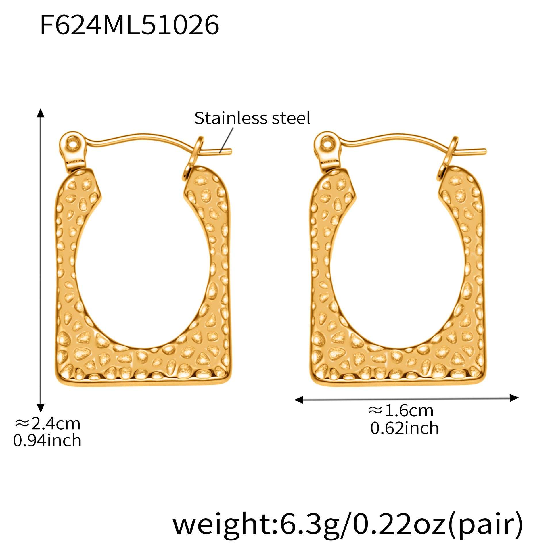 316L Stainless Steel 18K Gold Plated Hammered Irregular Drop Earrings - Image 9