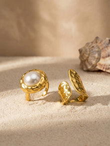 316L Stainless Steel 18K Gold Plated Hammered Shell Pearl Open Ring -  Sensitive Skin Friendly - Detail 1