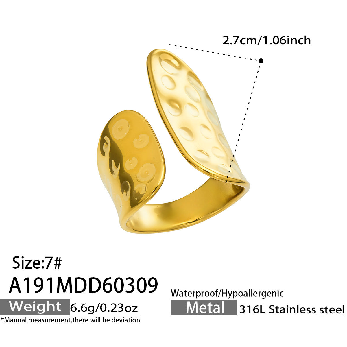 316L Stainless Steel 18K Gold Plated Hammered Shell Pearl Open Ring -  Sensitive Skin Friendly - Detail 15