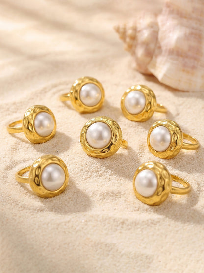 316L Stainless Steel 18K Gold Plated Hammered Shell Pearl Open Ring -  Sensitive Skin Friendly - Detail 2