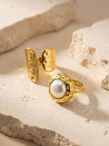 316L Stainless Steel 18K Gold Plated Hammered Shell Pearl Open Ring -  Sensitive Skin Friendly - Detail 7