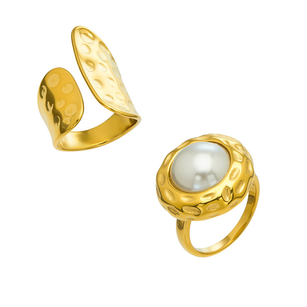 316L Stainless Steel 18K Gold Plated Hammered Shell Pearl Open Ring