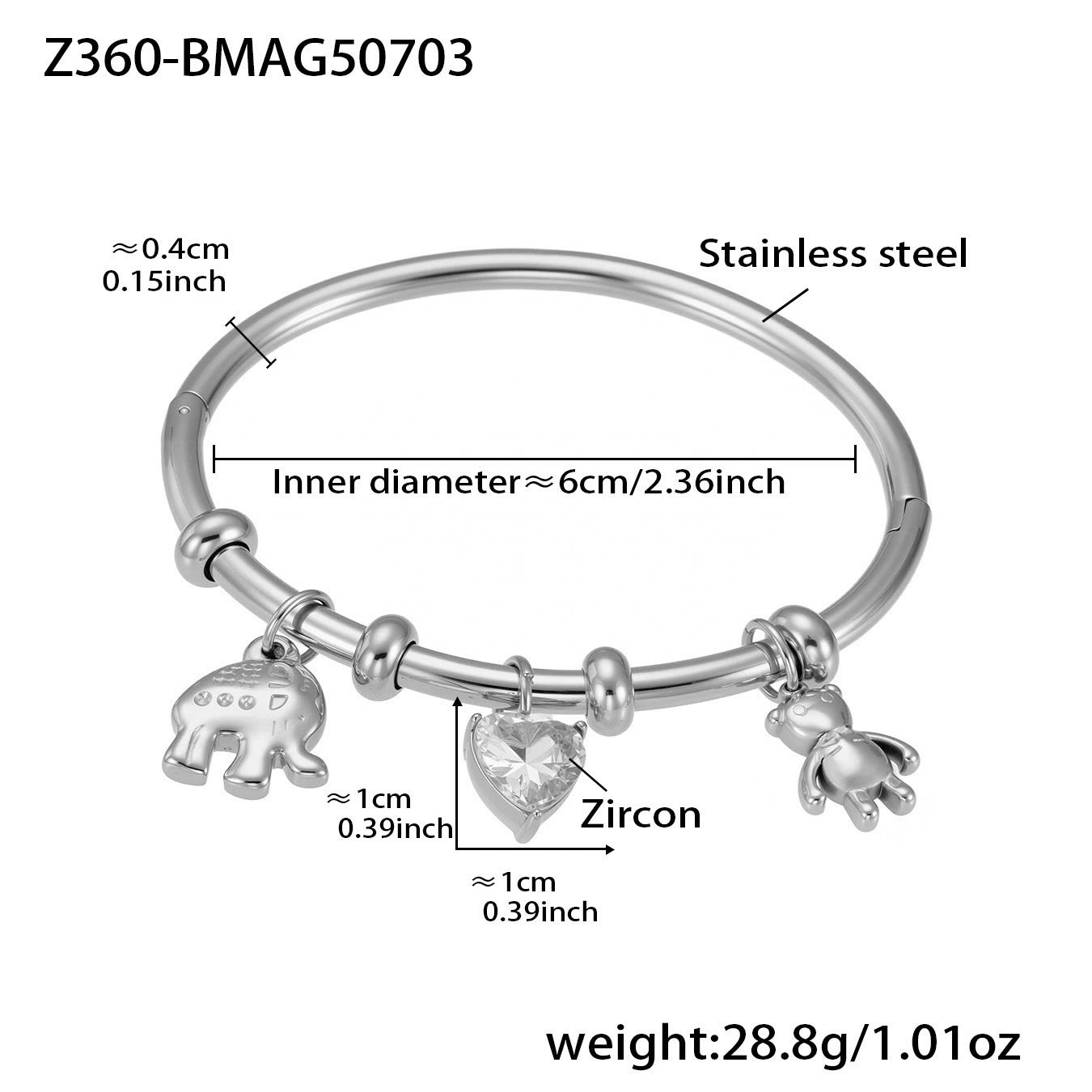 316L Stainless Steel 18K Gold Plated Heart Bear Elephant Charm Bracelet - Image 2