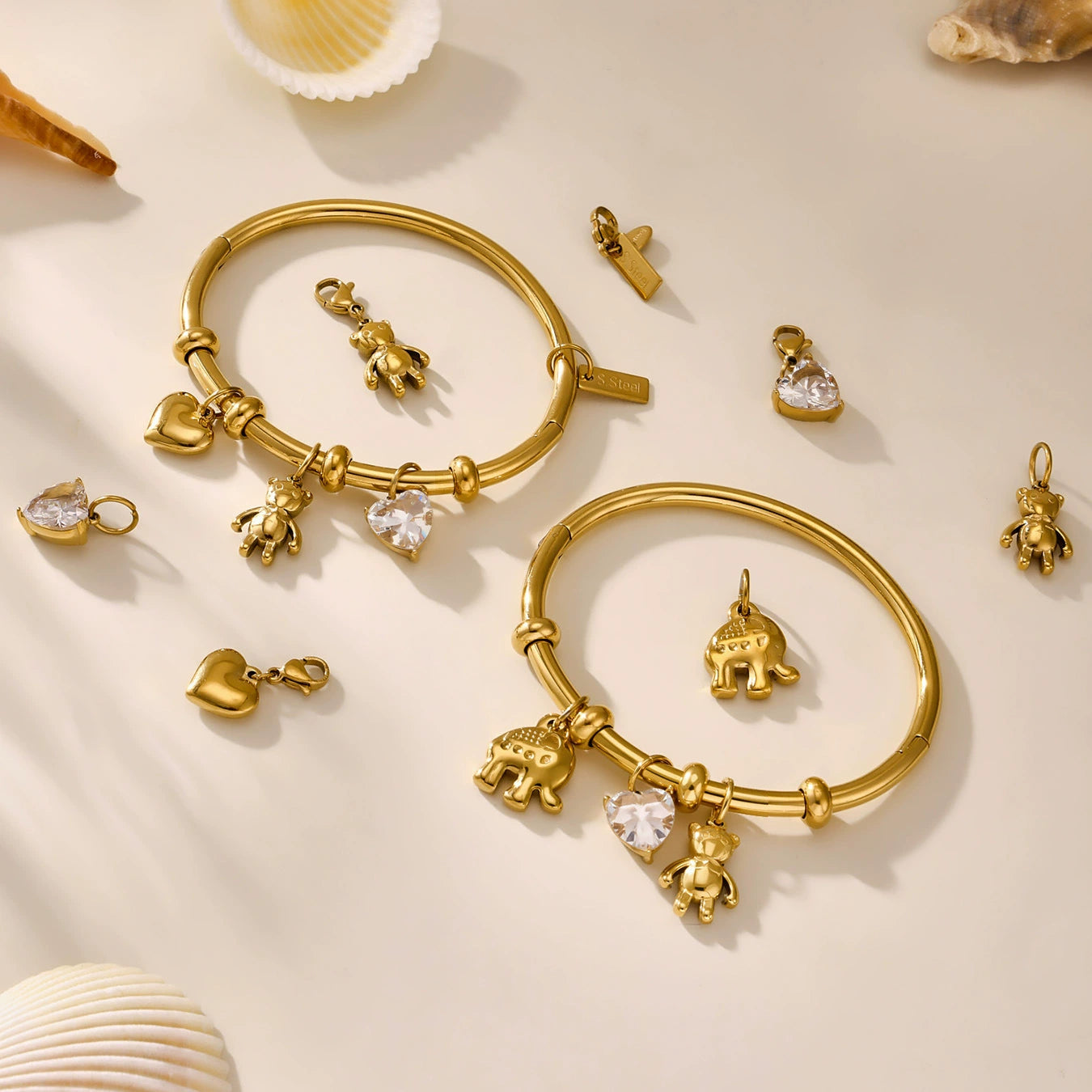 316L Stainless Steel 18K Gold Plated Heart Bear Elephant Charm Bracelet - Image 6