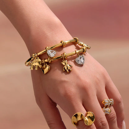 316L Stainless Steel 18K Gold Plated Heart Bear Elephant Charm Bracelet - Image 7