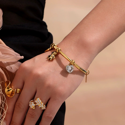 316L Stainless Steel 18K Gold Plated Heart Bear Elephant Charm Bracelet - Image 8