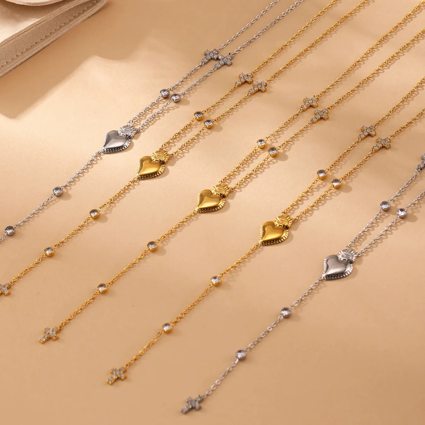 316L Stainless Steel 18K Gold Plated Heart Zircon Y-Necklace - Image 2