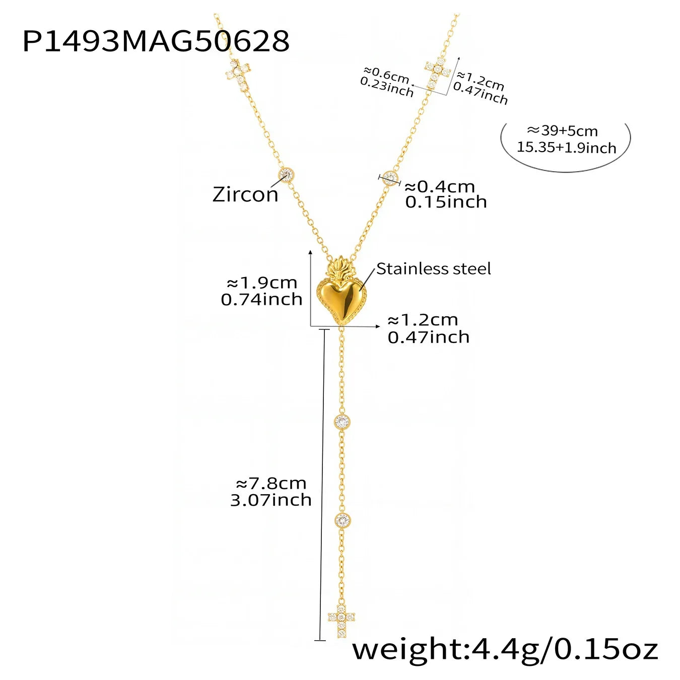 316L Stainless Steel 18K Gold Plated Heart Zircon Y-Necklace - Image 6