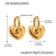 Technical specs for the 18K gold plated puffed heart earrings, demonstrating their tarnish-resistant quality.