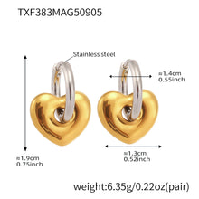 Measurement specifications for the puffed heart hoop earrings with a gold hoop and silver-tone heart charm.