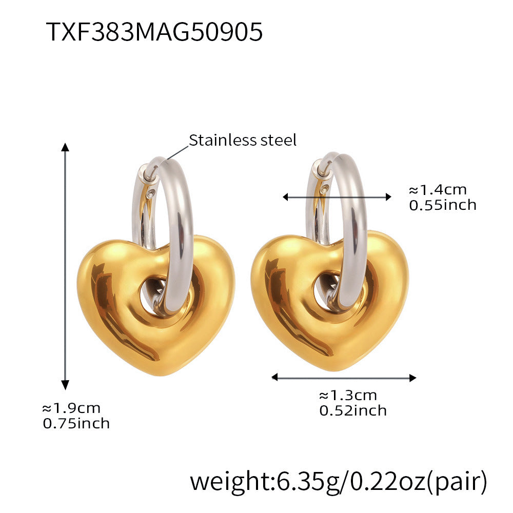 Measurement specifications for the puffed heart hoop earrings with a gold hoop and silver-tone heart charm.