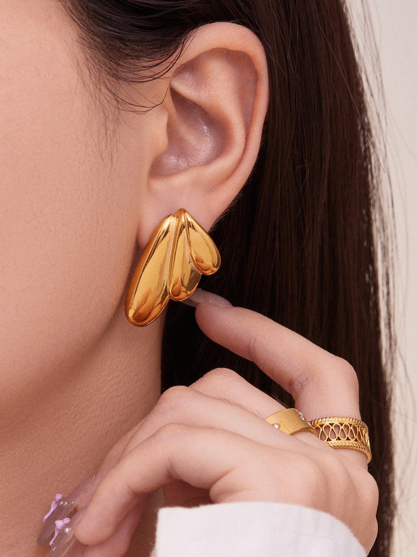 316L Stainless Steel 18K Gold Plated Highly Polished Geometric Angel Wing Earrings - Image 3