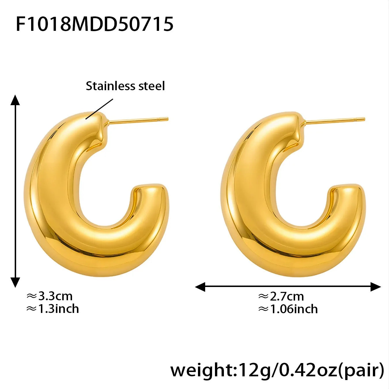 316L Stainless Steel 18K Gold Plated Hollow C-Hoop Earrings - Image 6