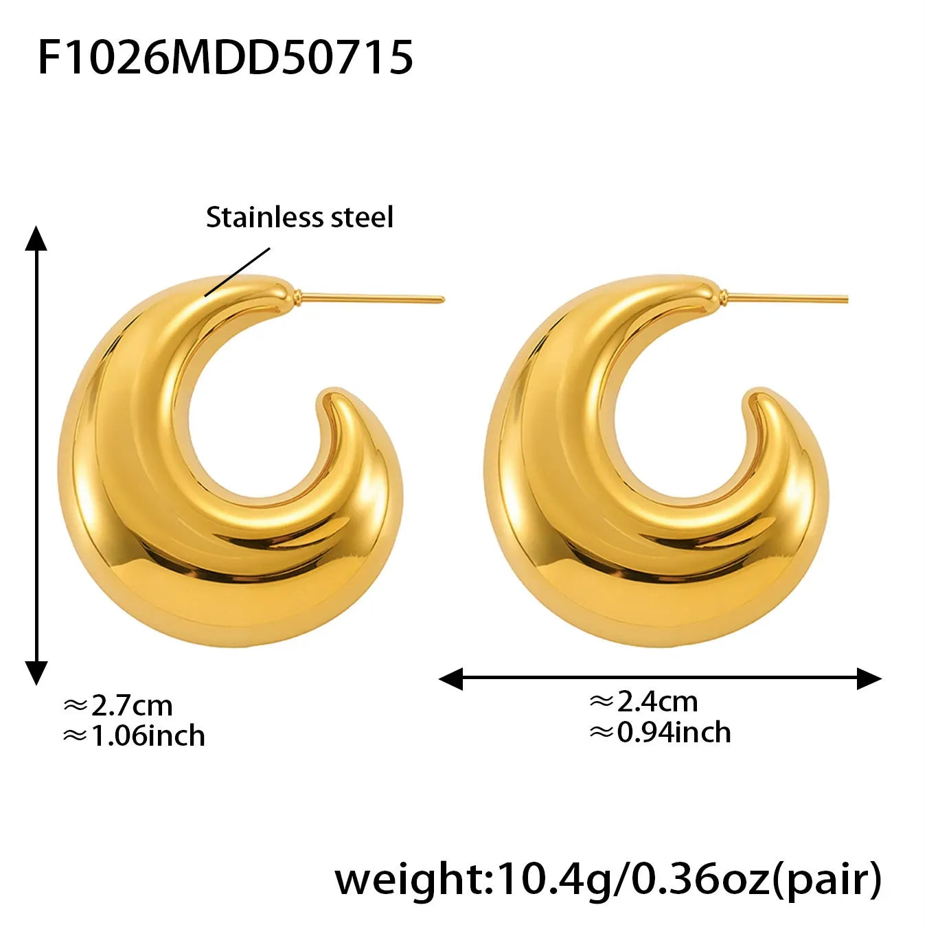 316L Stainless Steel 18K Gold Plated Hollow C-Hoop Earrings - Image 7