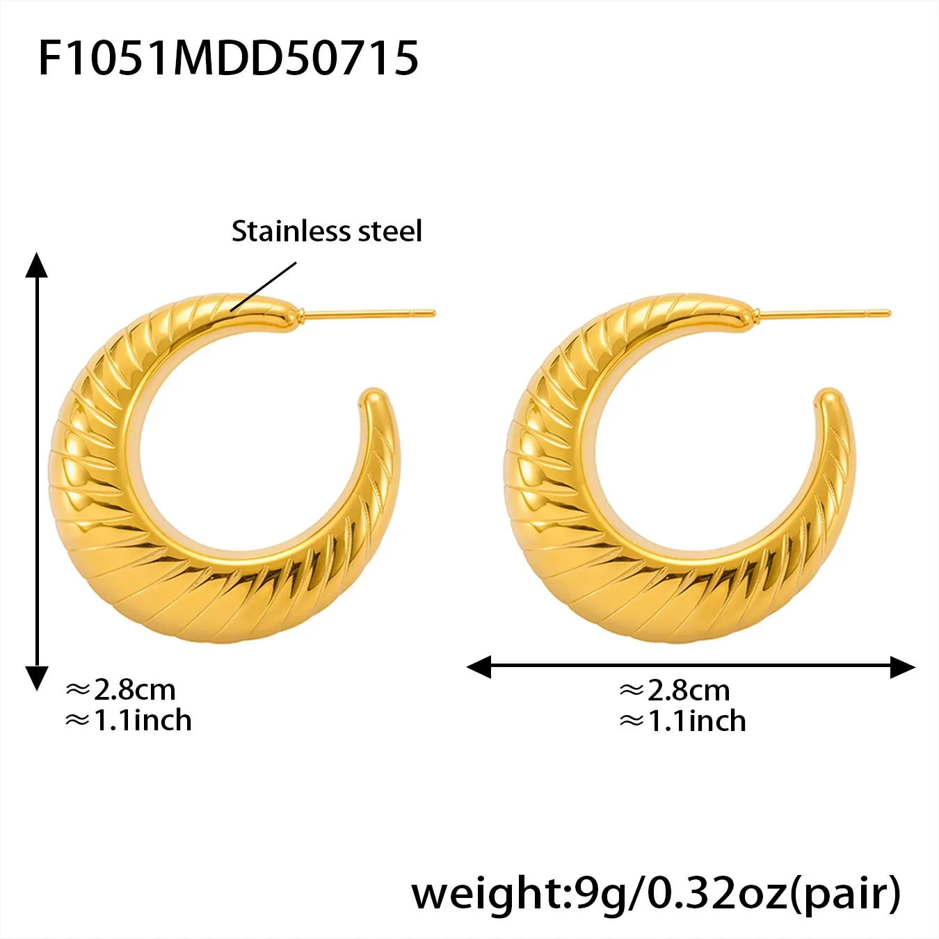 316L Stainless Steel 18K Gold Plated Hollow C-Hoop Earrings - Image 9