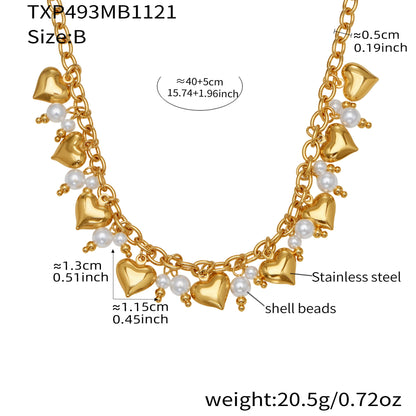 316L Stainless Steel 18K Gold Plated Hollow Heart Pearl Bracelet & Necklace - Image 1