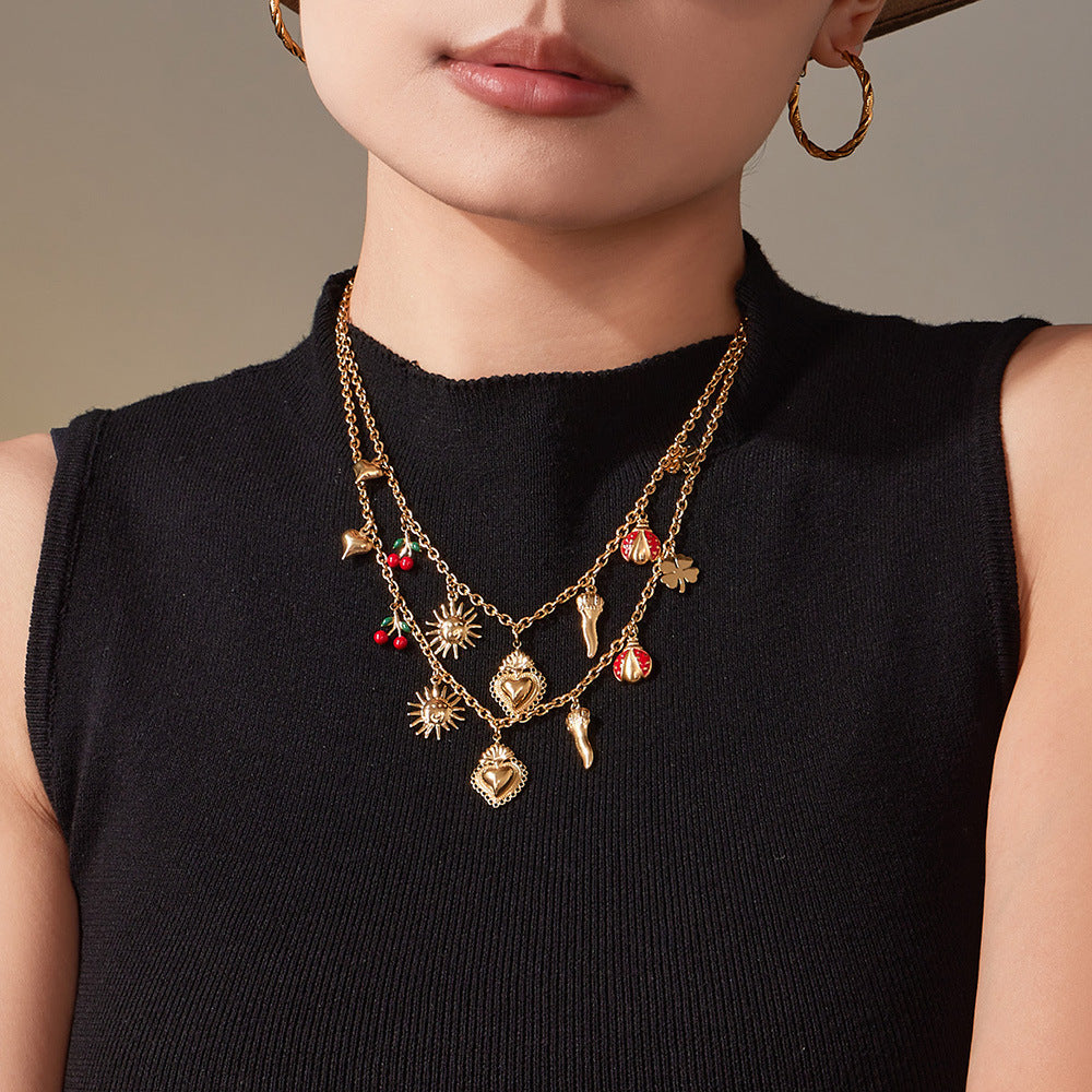 316L Stainless Steel 18K Gold Plated Hollow Heart Four-leaf Clover Layered Necklace - Image 4
