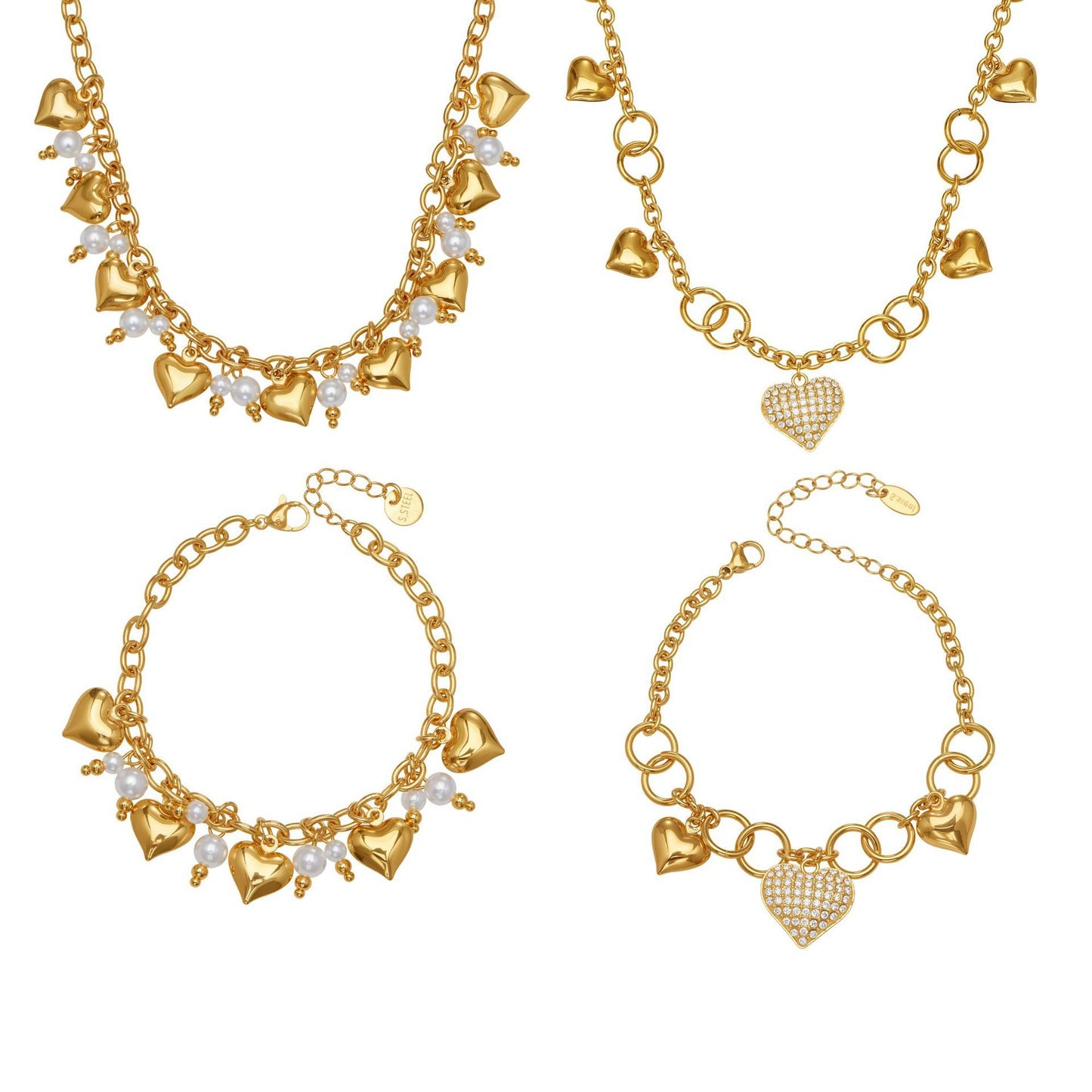 316L Stainless Steel 18K Gold Plated Hollow Heart Pearl Bracelet & Necklace - Image 6