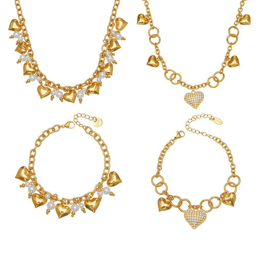 316L Stainless Steel 18K Gold Plated Hollow Heart Pearl Bracelet & Necklace - Image 6