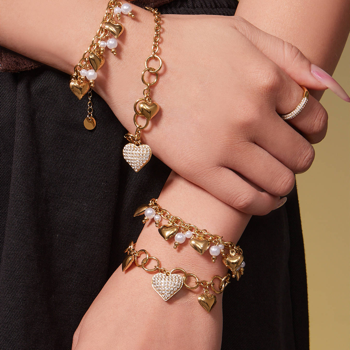 316L Stainless Steel 18K Gold Plated Hollow Heart Pearl Bracelet & Necklace - Image 7