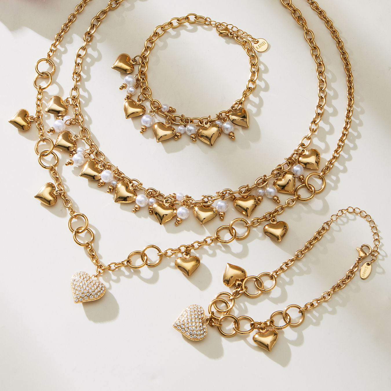 316L Stainless Steel 18K Gold Plated Hollow Heart Pearl Bracelet & Necklace - Image 9