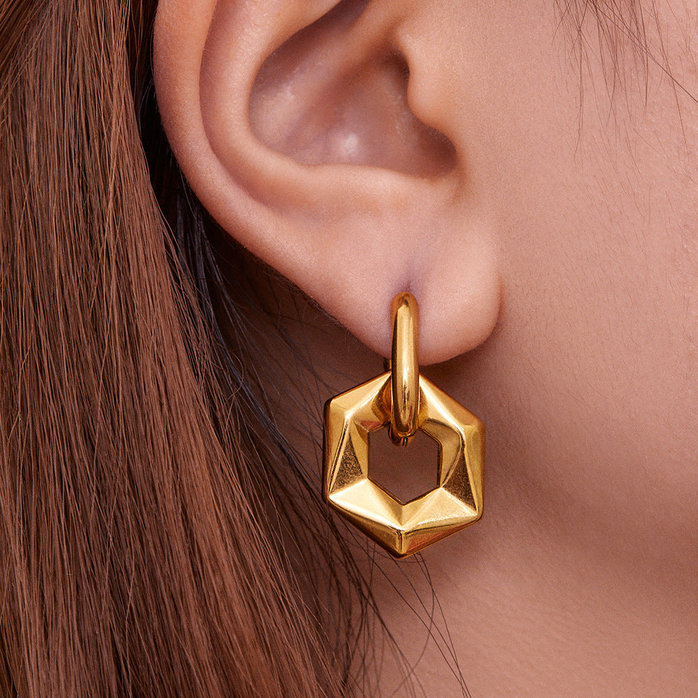 316L Stainless Steel 18K Gold Plated Hollow Hexagon Hoop Earrings - Image 1
