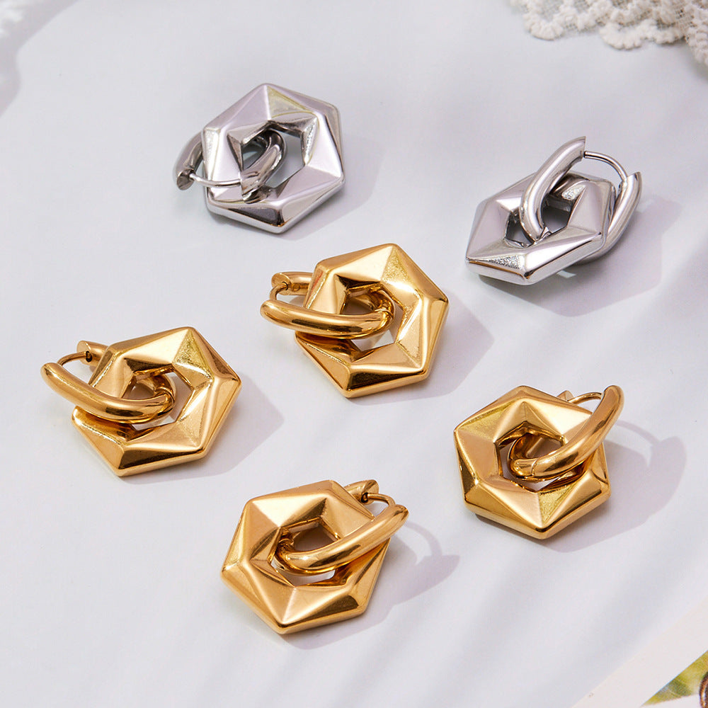 316L Stainless Steel 18K Gold Plated Hollow Hexagon Hoop Earrings - Image 10